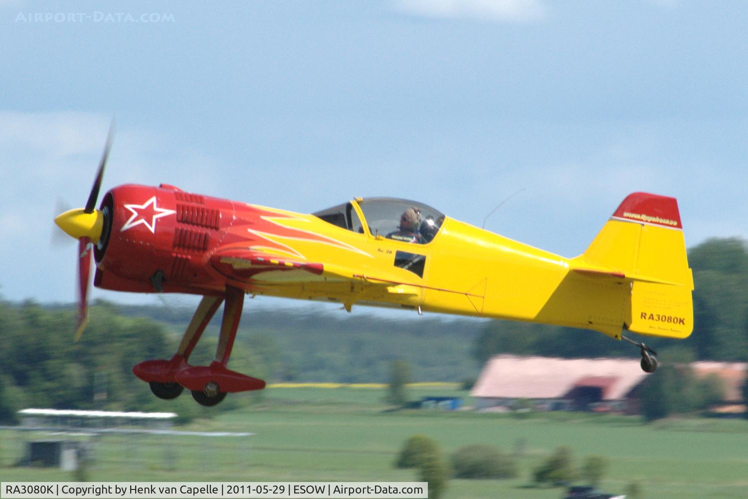 RA3080K, 1990 Sukhoi Su-26M C/N 03-02, Daniel Ryfa flying his Su-26M at Västerås Hässlö airport, Sweden.