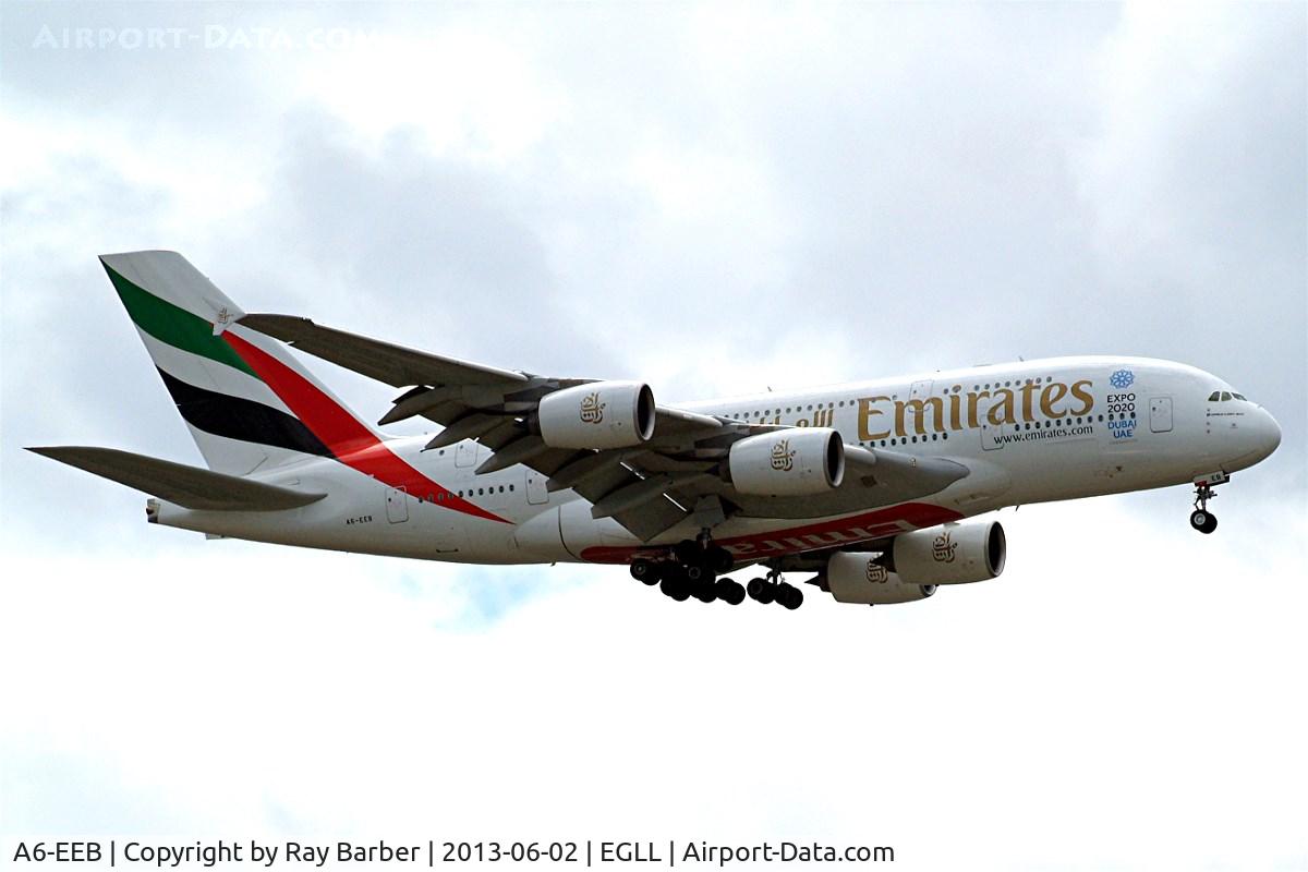 A6-EEB, 2012 Airbus A380-861 C/N 109, Airbus A380-861 [109] (Emirates Airlines) Home~G 02/06/2013. On approach 27L.