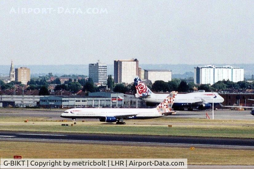 G-BIKT, 1985 Boeing 757-236 C/N 23398, taxiing for departure at London Heathrow,Jul.2001