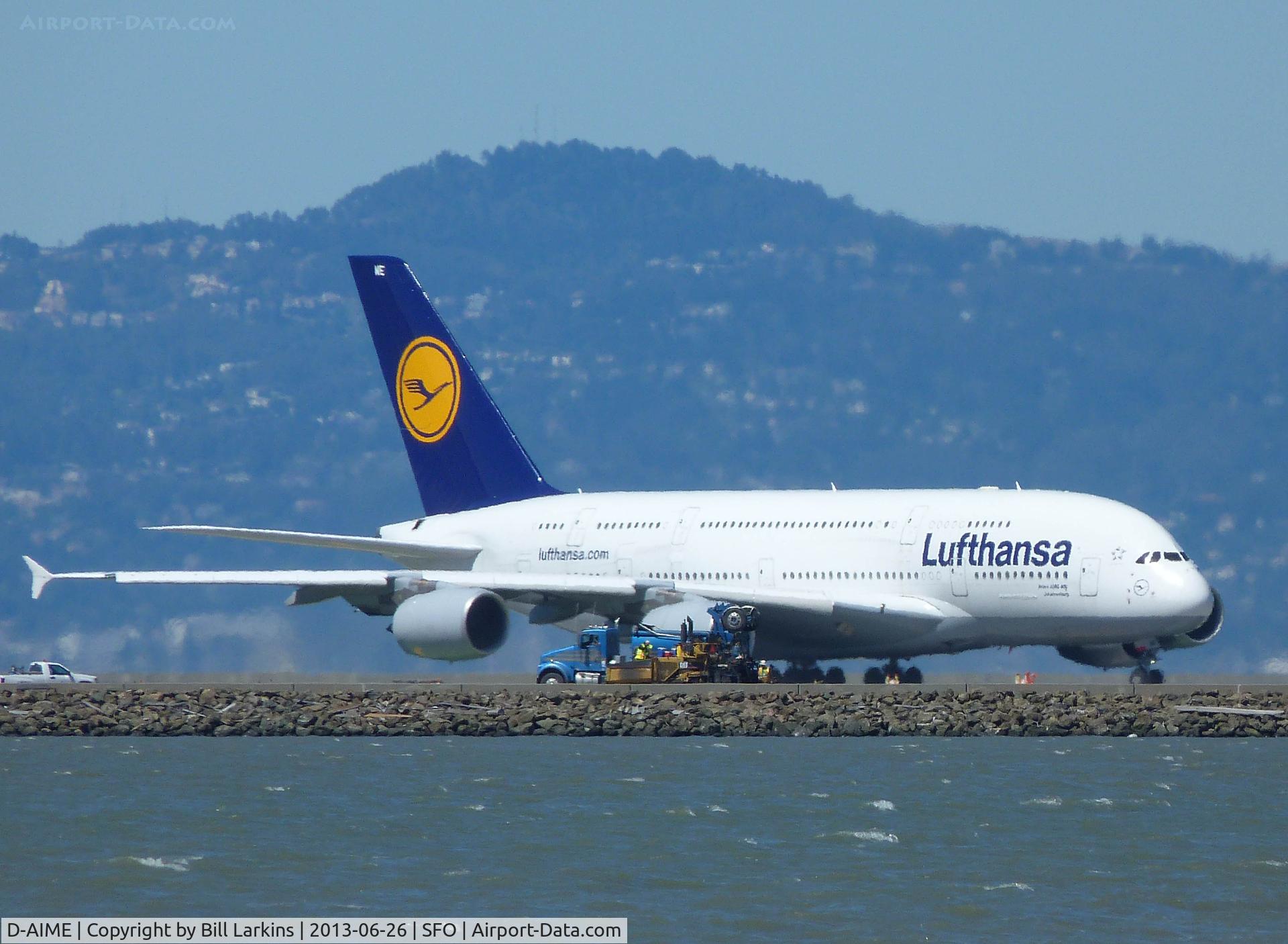 D-AIME, 2010 Airbus A380-841 C/N 061, Waiting for clearance to Runway 28L.