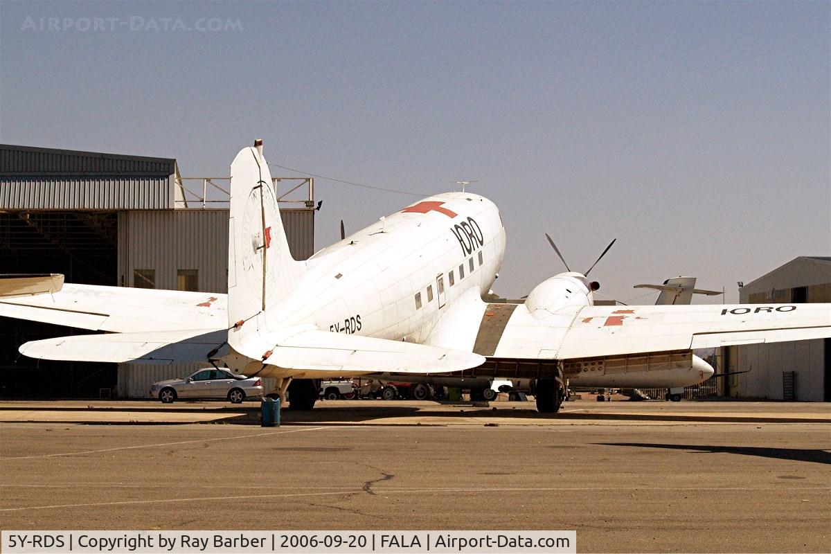 5Y-RDS, 1945 Douglas DC-3C Turbo C/N 27085, 5Y-RDS   DouglasDC-3 C-47B-15-DK (DC-3-65TP) [15640/27085] Lanseria~ZS 20/09/2006. Was used by the International Red Cross some marks can still be seen on paintwork.
