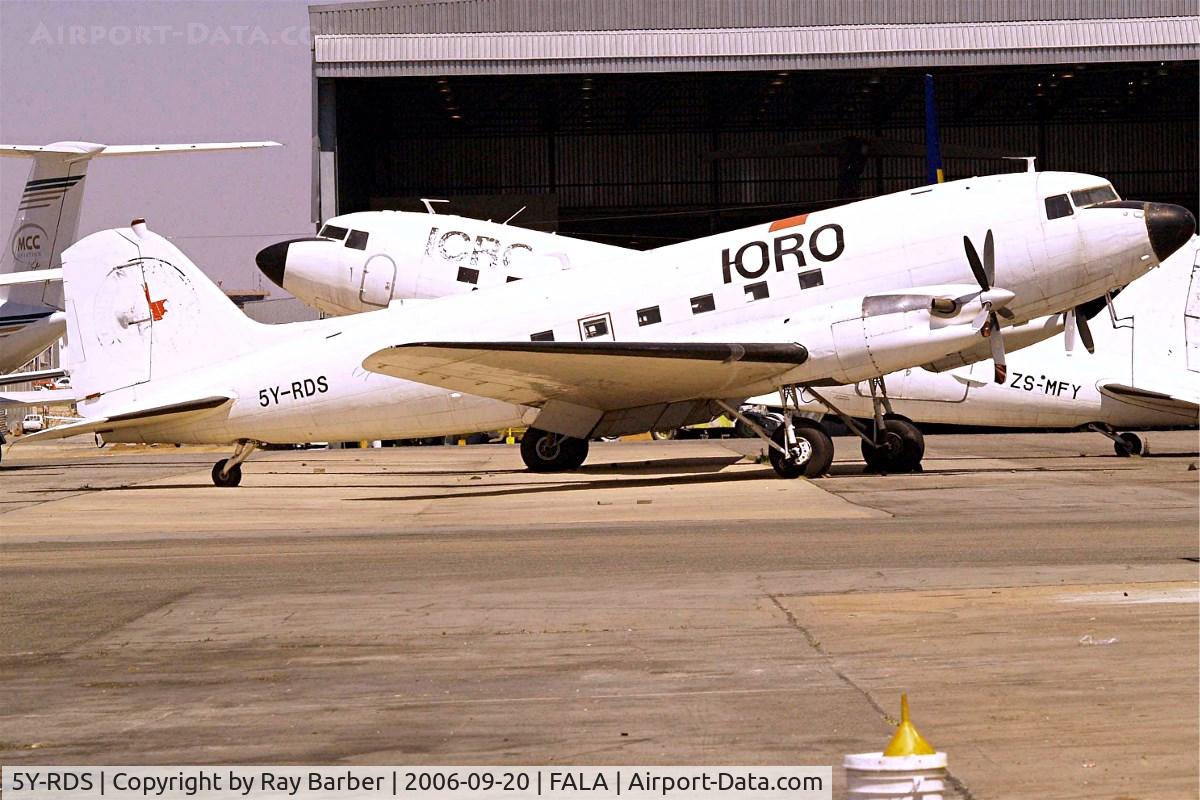 5Y-RDS, 1945 Douglas DC-3C Turbo C/N 27085, 5Y-RDS   DouglasDC-3 C-47B-15-DK (DC-3-65TP) [15640/27085] Lanseria~ZS 20/09/2006. Was used by the International Red Cross some marks can still be seen on paintwork.