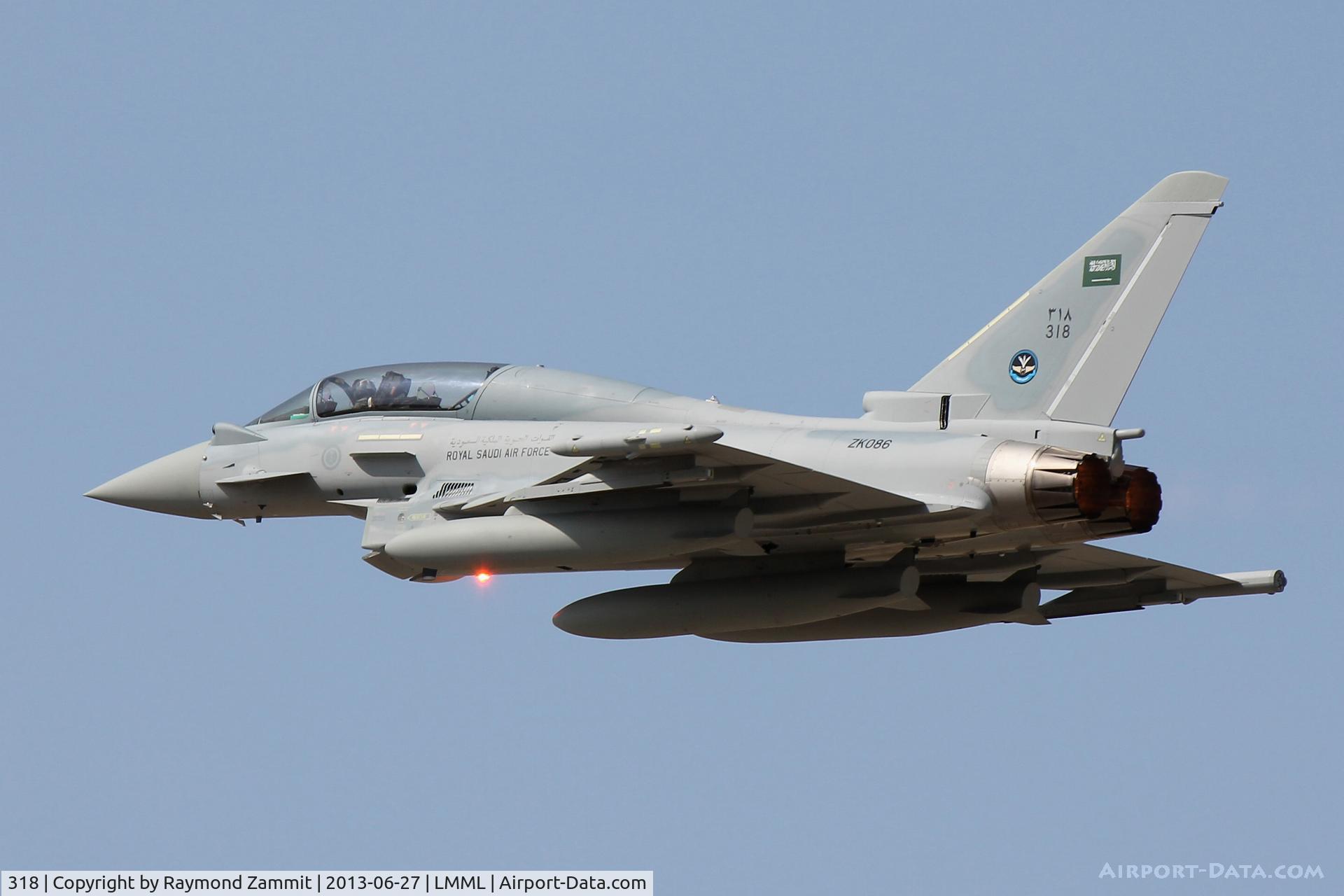 318, 2013 Eurofighter EF-2000 Typhoon F2 C/N CT008/279, Eurofighter Typhoon 318 (ZK086) of the Royal Saudi Air Force during delivery to Saudi Arabia passing through Malta on the 27th June 2013.
