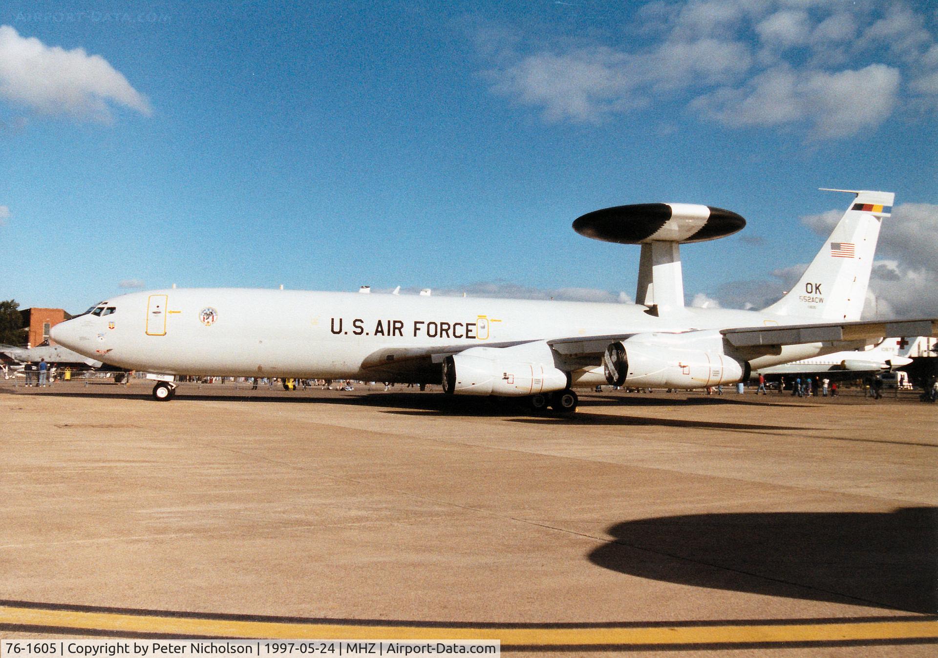 76-1605, 1976 Boeing E-3B Sentry C/N 21435/924, E-3B Sentry, callsign Shuck 87, of the 552nd Air Control Wing at Tinker AFB on display at the 1997 RAF Mildenhall Air Fete.