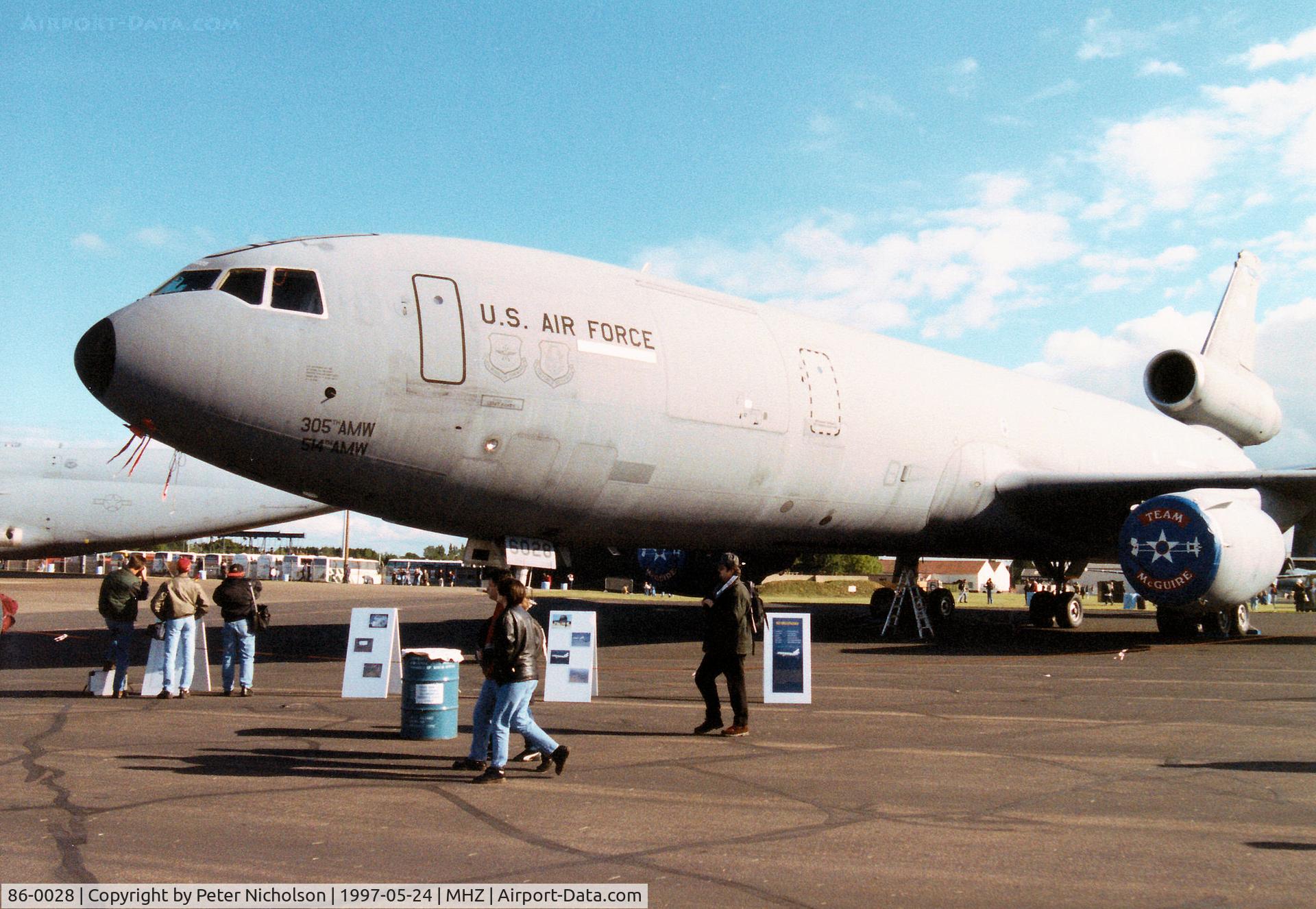 86-0028, 1986 McDonnell Douglas KC-10A Extender C/N 48241, KC-10A Extender, callsign Gold 31, of the 305th Air Mobility Wing at McGuire AFB on display at the 1997 RAF Mildenhall Air Fete.