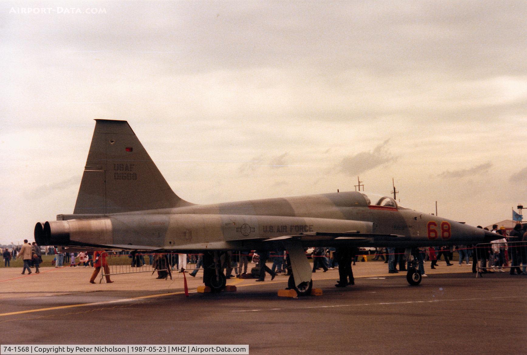 74-1568, 1974 Northrop F-5E Tiger II C/N R.1261, F-5E Tiger II of 527th Aggressor Squadron at RAF Alconbury on display at the 1987 RAF Mildenhall Air Fete.