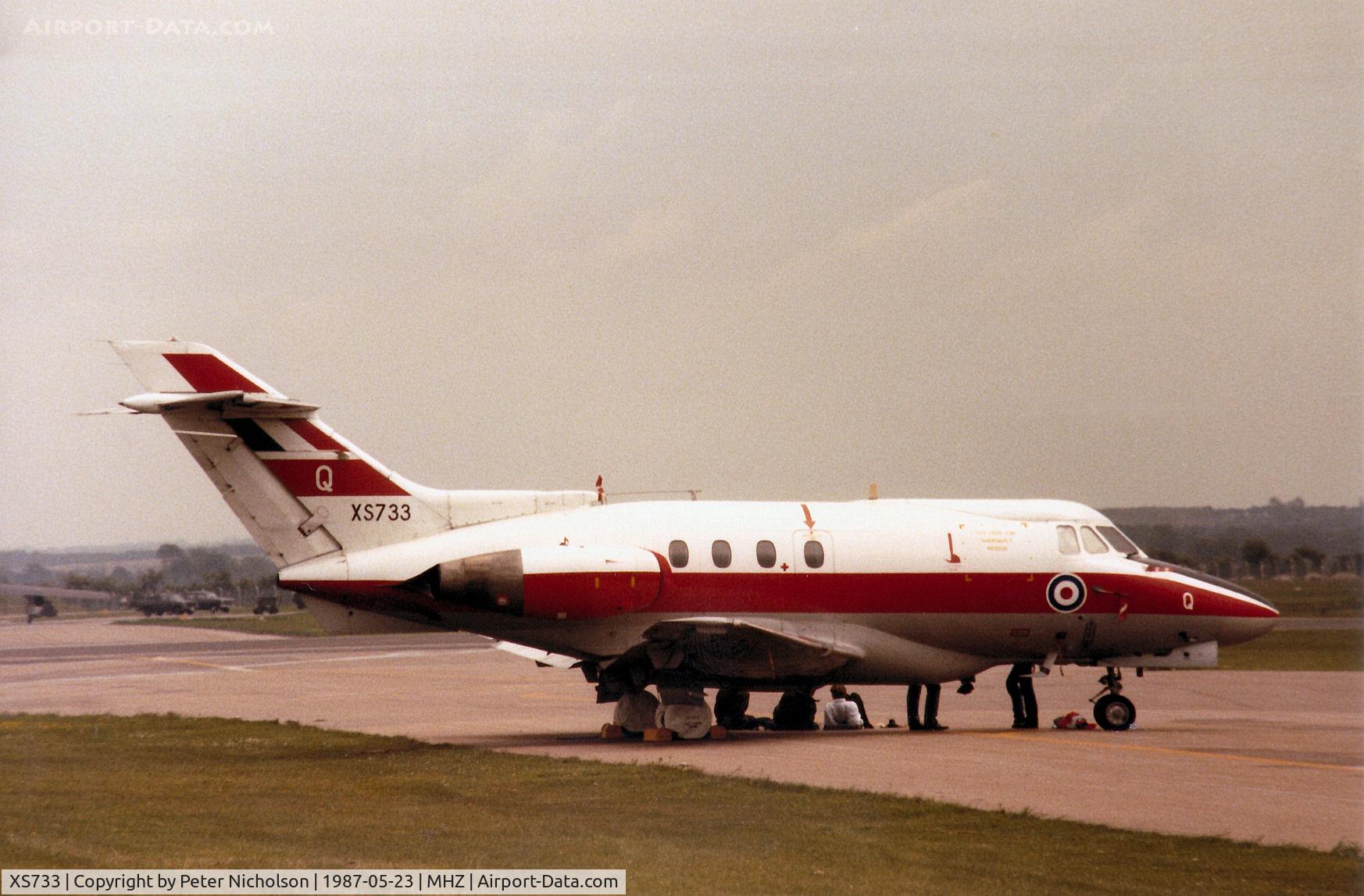XS733, 1966 Hawker Siddeley HS.125 Dominie T.1 C/N 25059, Dominie T.1 of 6 Flying Training School at RAF Finningley on display at the 1987 RAF Mildenhall Air Fete.