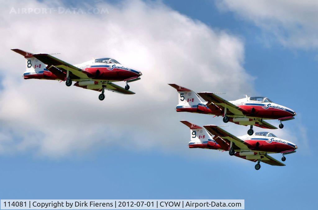 114081, Canadair CT-114 Tutor C/N 1081, Returing from an early morning flying display in Cornwall. 114081 #8, 114071 #5, and 114143 #9.