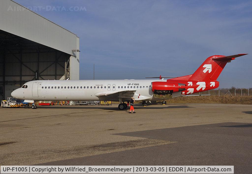 UP-F1005, 1995 Fokker 100 (F-28-0100) C/N 11500, Pushback out of our hangar for engine run.