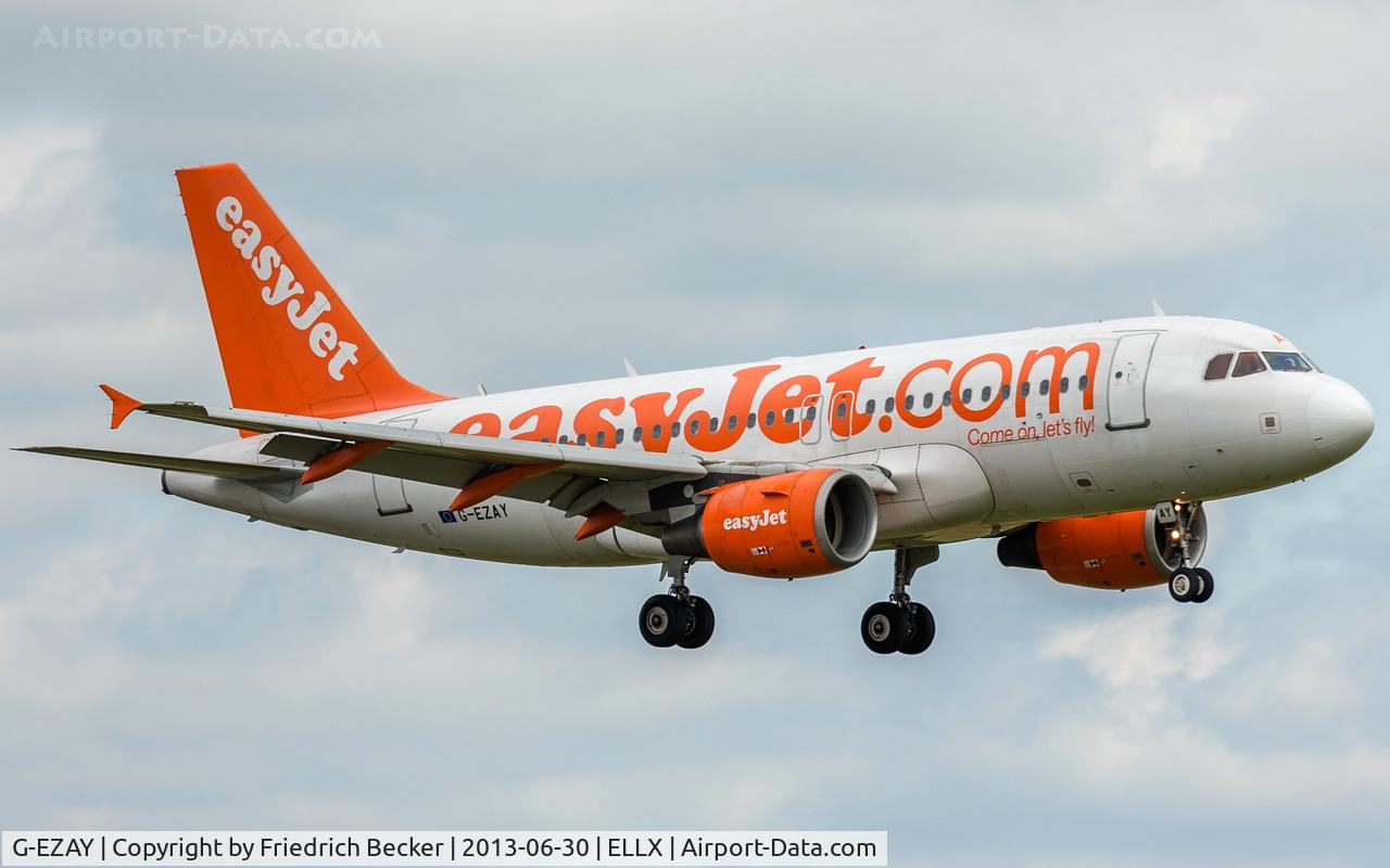 G-EZAY, 2006 Airbus A319-111 C/N 2827, on final RW24