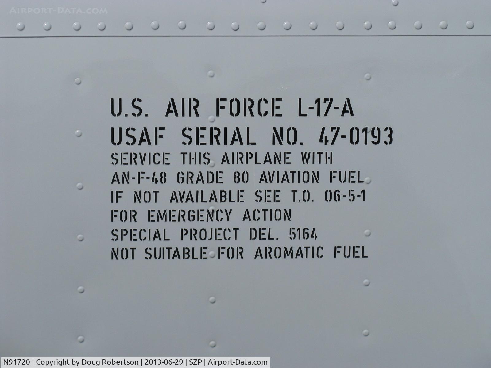 N91720, 1947 North American Navion (NA-145) C/N NAV-4-193, 1947 North American NAVION as L-17-A, Continental E-185, many mods, cowl stencil