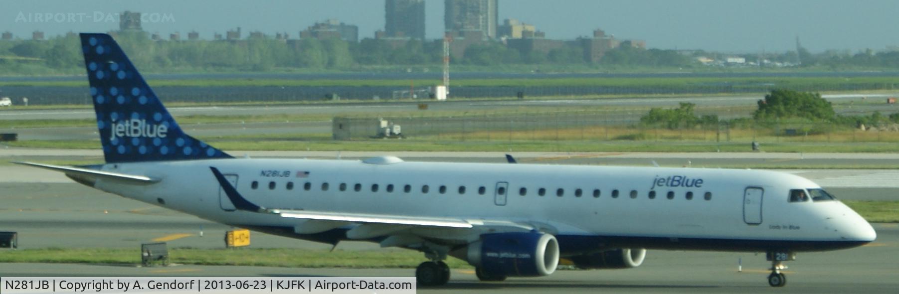 N281JB, 2007 Embraer 190AR (ERJ-190-100IGW) C/N 19000103, Jet Blue, is here on the taxiway at New York - JFK(KJFK)