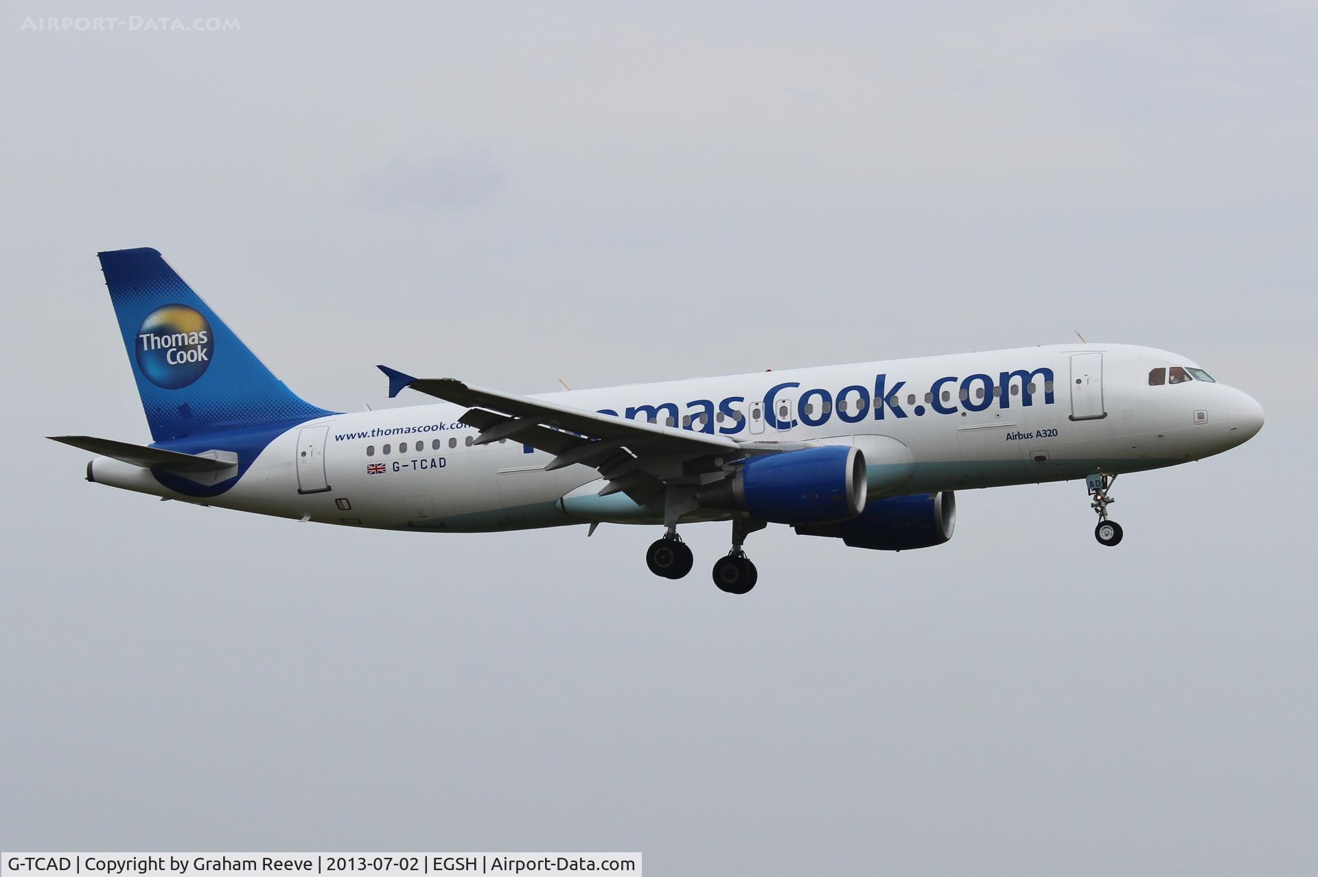G-TCAD, 2003 Airbus A320-214 C/N 2114, About to land at Norwich.