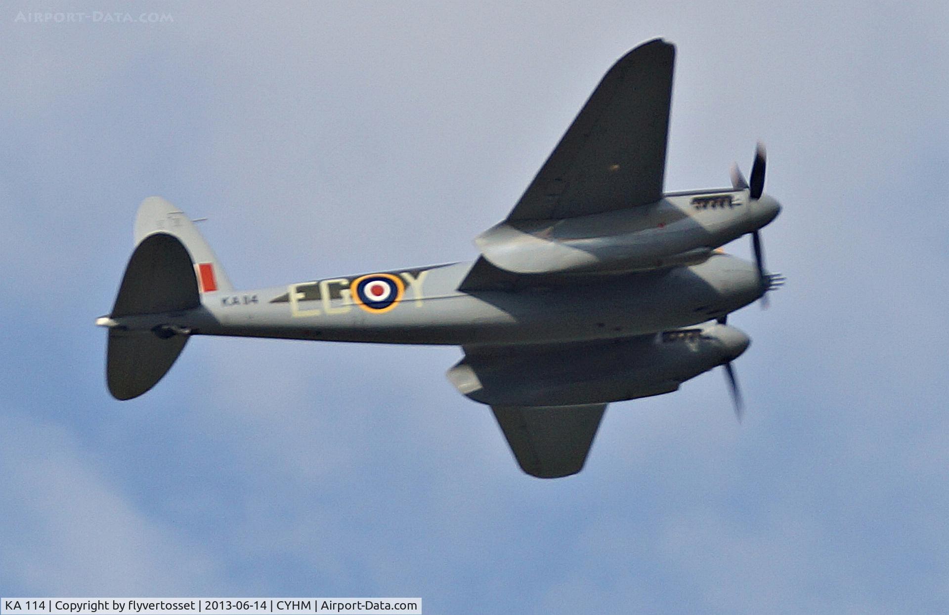 KA 114, De Havilland DH-98 Mosquito C/N Not found KA 114, Seen here flying at the Hamilton Ontario Airshow.