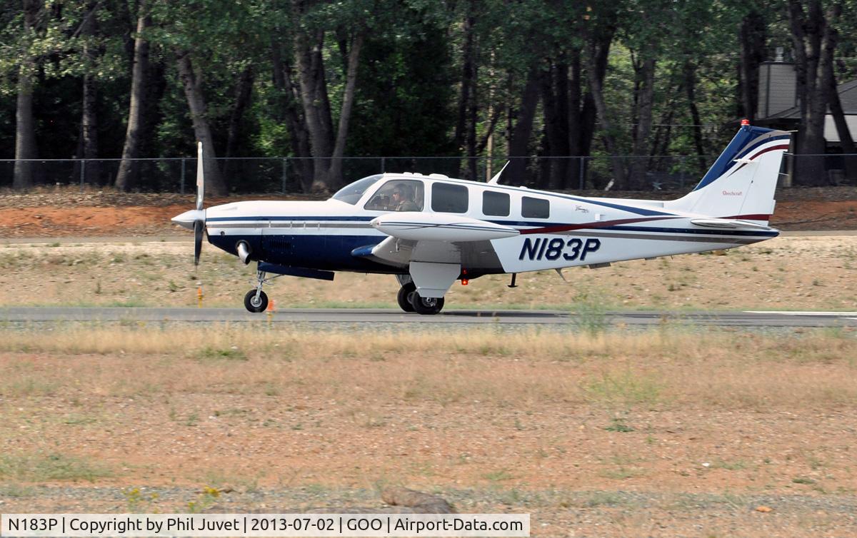 N183P, 2000 Raytheon Aircraft Company A36 Bonanza C/N E-3346, Departing Nevada County Airport, Grass Valley, CA.