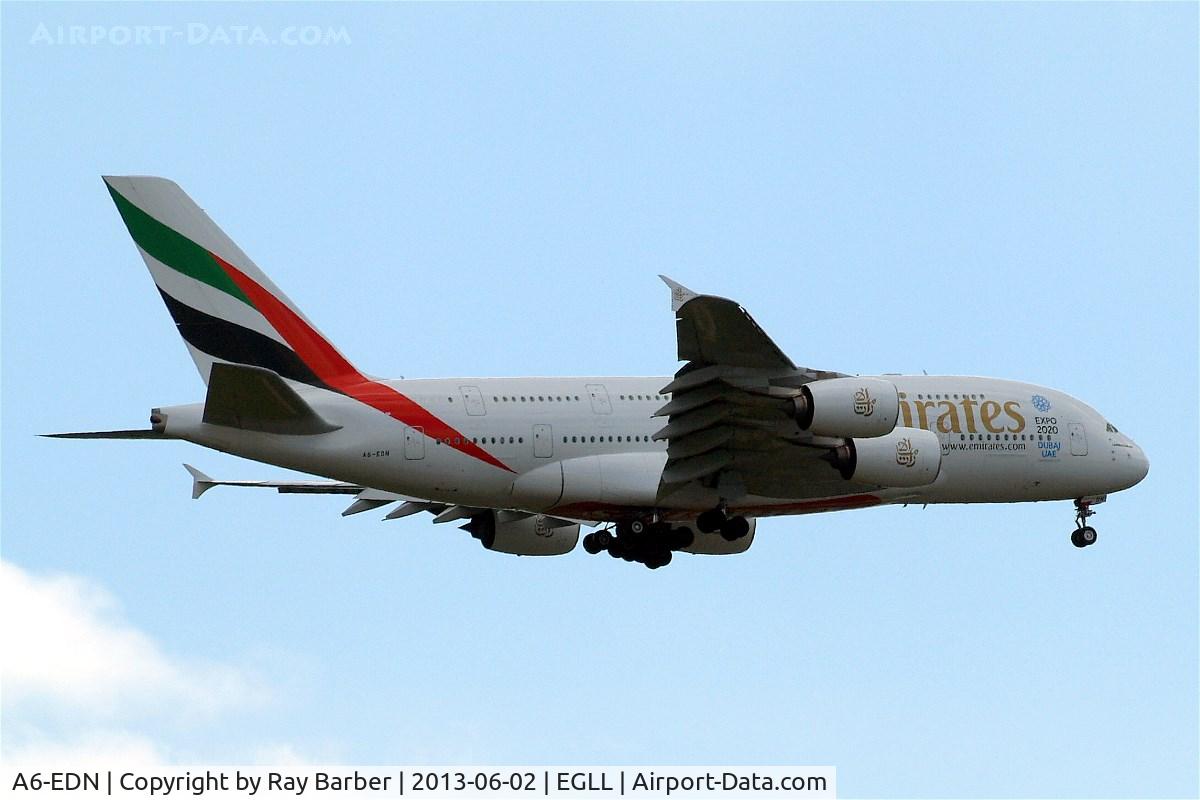 A6-EDN, 2010 Airbus A380-861 C/N 056, Airbus A380-861 [056] (Emirates Airlines) Home~G 02/06/2013. On approach 27L. Wearing Expo 2020 titles.