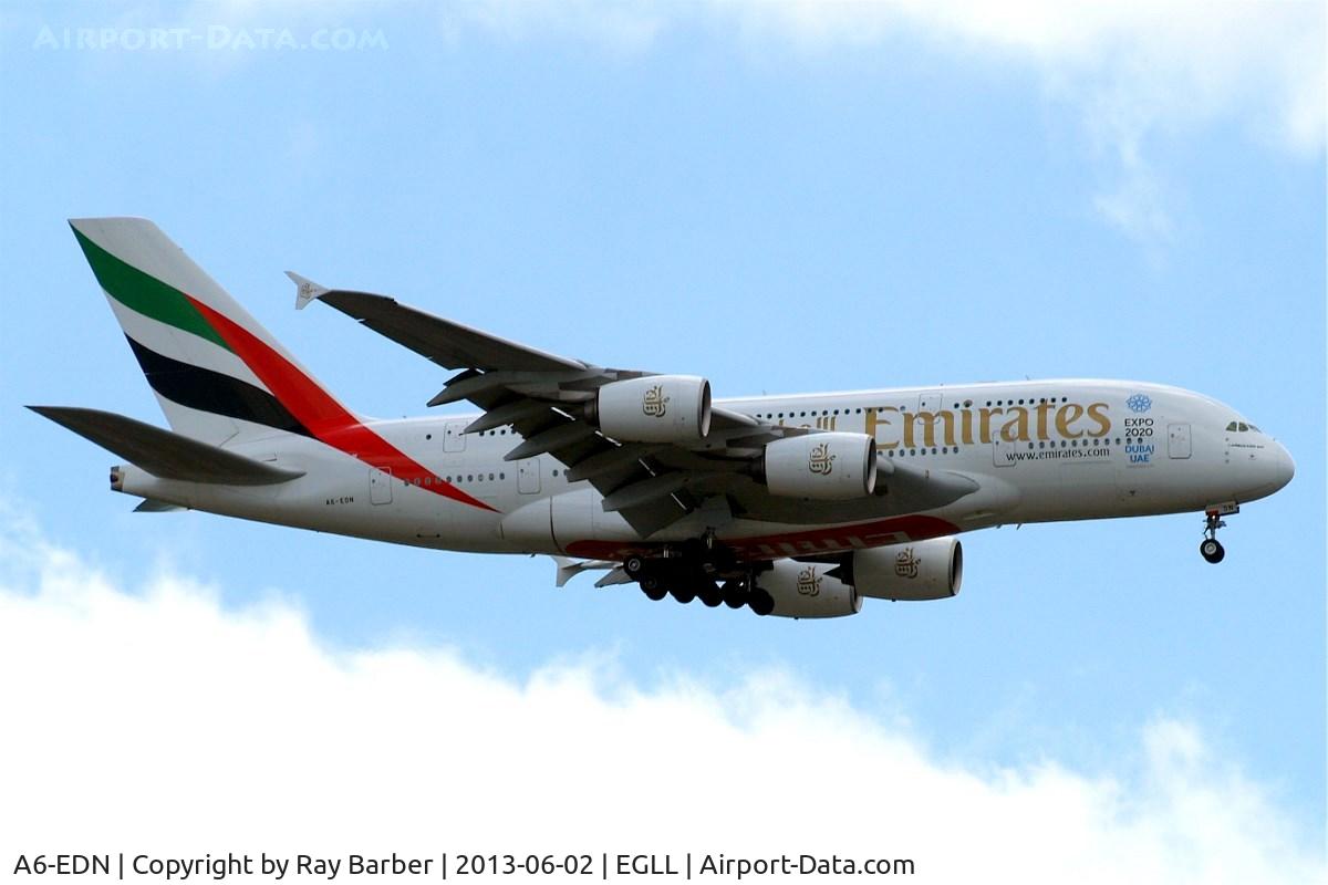 A6-EDN, 2010 Airbus A380-861 C/N 056, Airbus A380-861 [056] (Emirates Airlines) Home~G 02/06/2013. On approach 27L. Wearing Expo 2020 titles.