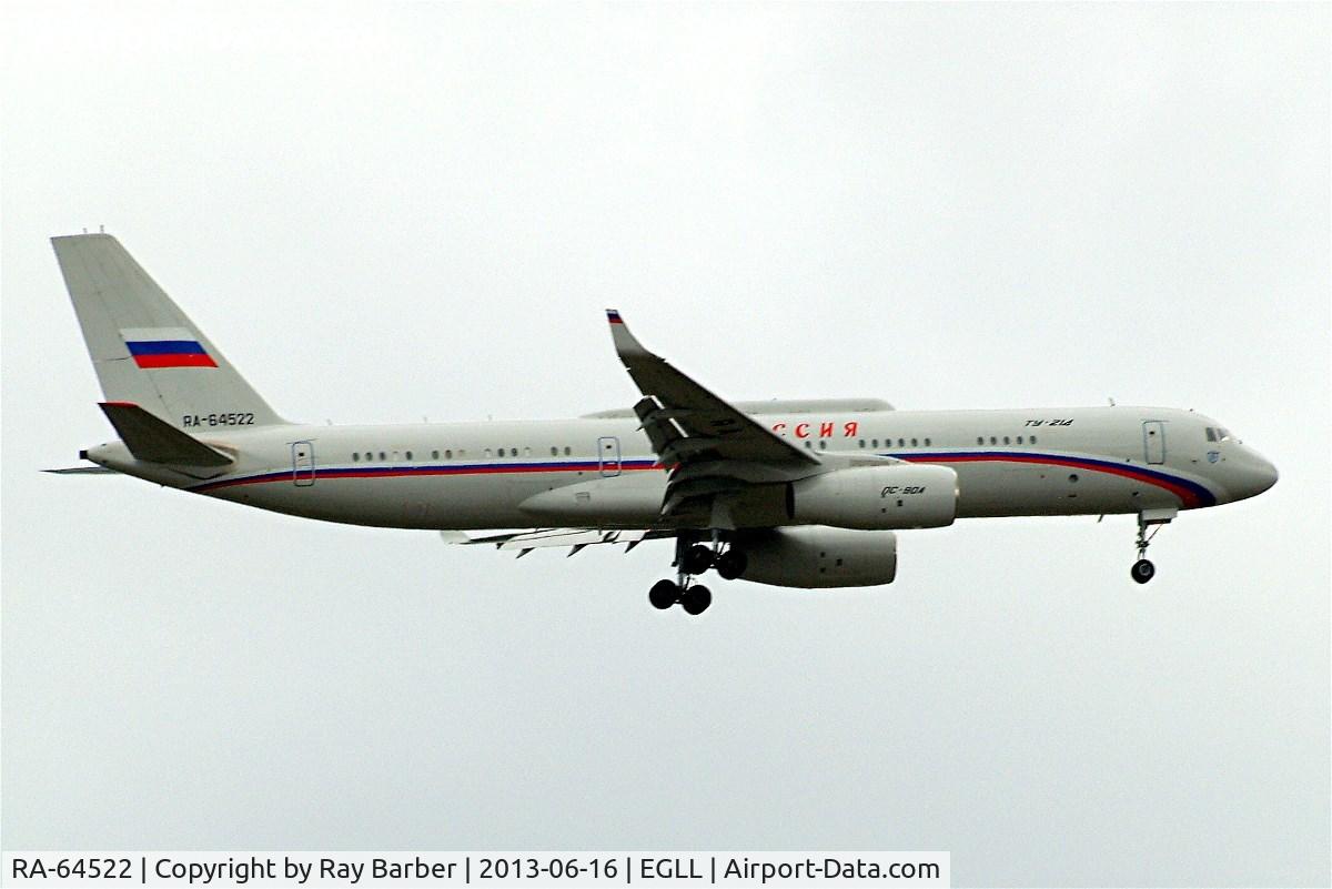 RA-64522, 2011 Tupolev Tu-214SUS C/N 43911022, Tupolev Tu-214 SUS [43911022] (Rossiya Special Flight Detachment) Home~G 16/06/2013.Bringing in President Putin entourage. On approach 27L.