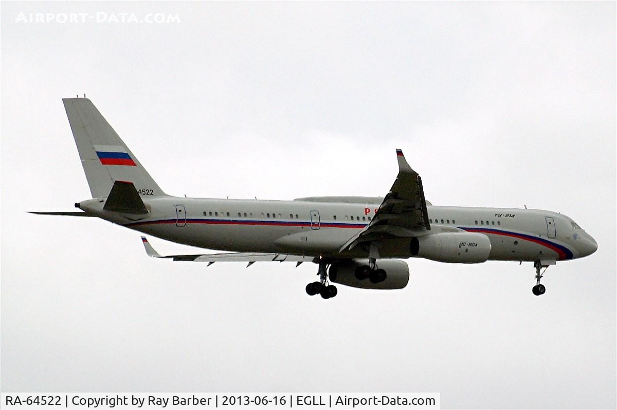 RA-64522, 2011 Tupolev Tu-214SUS C/N 43911022, Tupolev Tu-214 SUS [43911022] (Rossiya Special Flight Detachment) Home~G 16/06/2013.Bringing in President Putin entourage. On approach 27L.