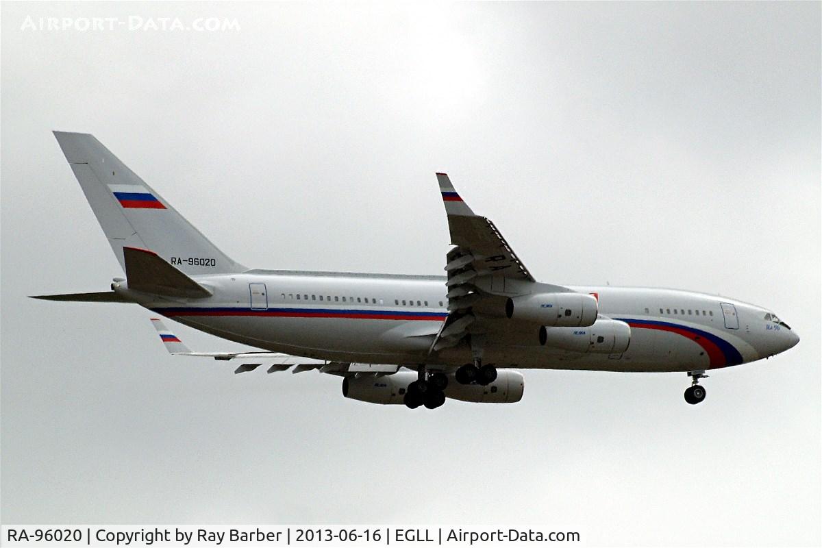 RA-96020, 2012 Ilyushin Il-96-300 C/N 74393202020, Ilyushin IL-96-300PU(M1) [74393202020} (Rossiya Special Flight Detachment) Home~G 16/06/2013. Bringing in President Putin's entourage vehicles etc on a dull cloudy day . On approach 27L.