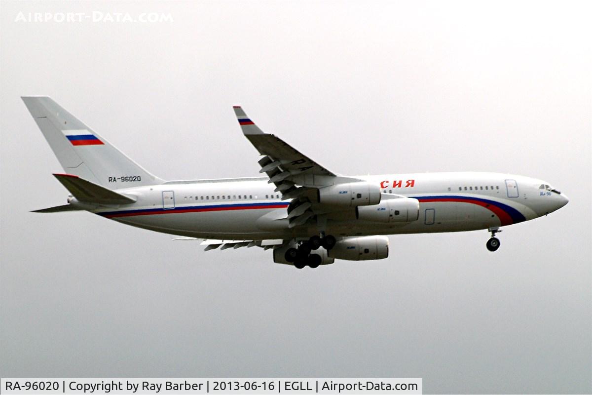 RA-96020, 2012 Ilyushin Il-96-300 C/N 74393202020, Ilyushin IL-96-300PU(M1) [74393202020} (Rossiya Special Flight Detachment) Home~G 16/06/2013. Bringing in President Putin's entourage vehicles etc on a dull cloudy day . On approach 27L.