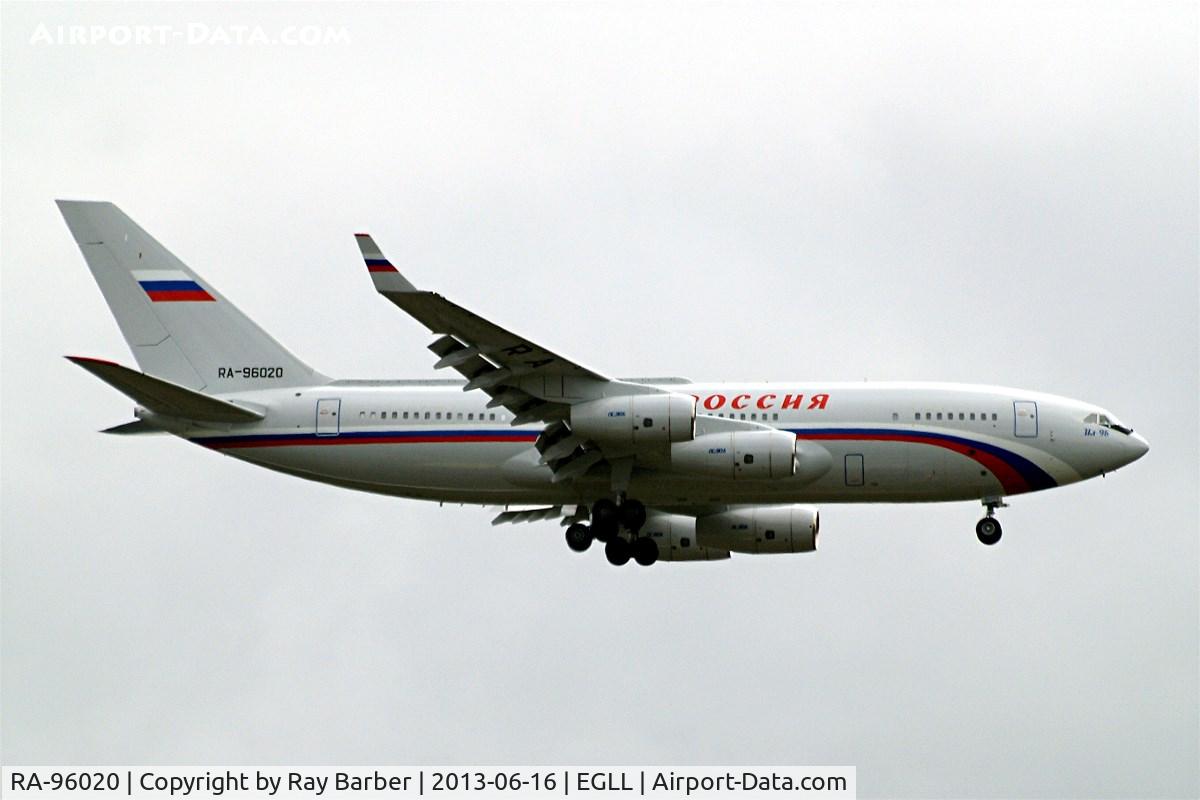 RA-96020, 2012 Ilyushin Il-96-300 C/N 74393202020, Ilyushin IL-96-300PU(M1) [74393202020} (Rossiya Special Flight Detachment) Home~G 16/06/2013. Bringing in President Putin's entourage vehicles etc on a dull cloudy day . On approach 27L.