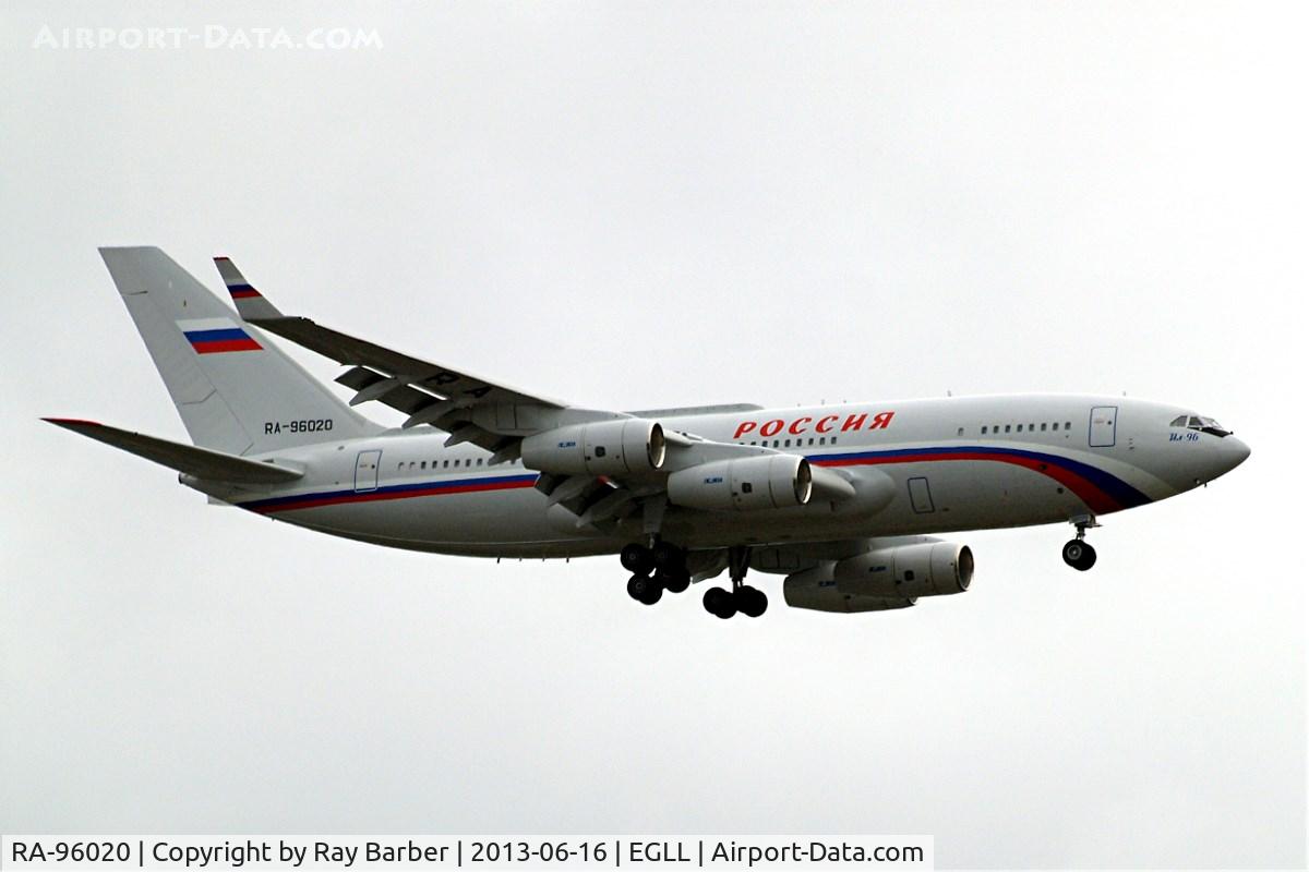 RA-96020, 2012 Ilyushin Il-96-300 C/N 74393202020, Ilyushin IL-96-300PU(M1) [74393202020} (Rossiya Special Flight Detachment) Home~G 16/06/2013. Bringing in President Putin's entourage vehicles etc on a dull cloudy day . On approach 27L.