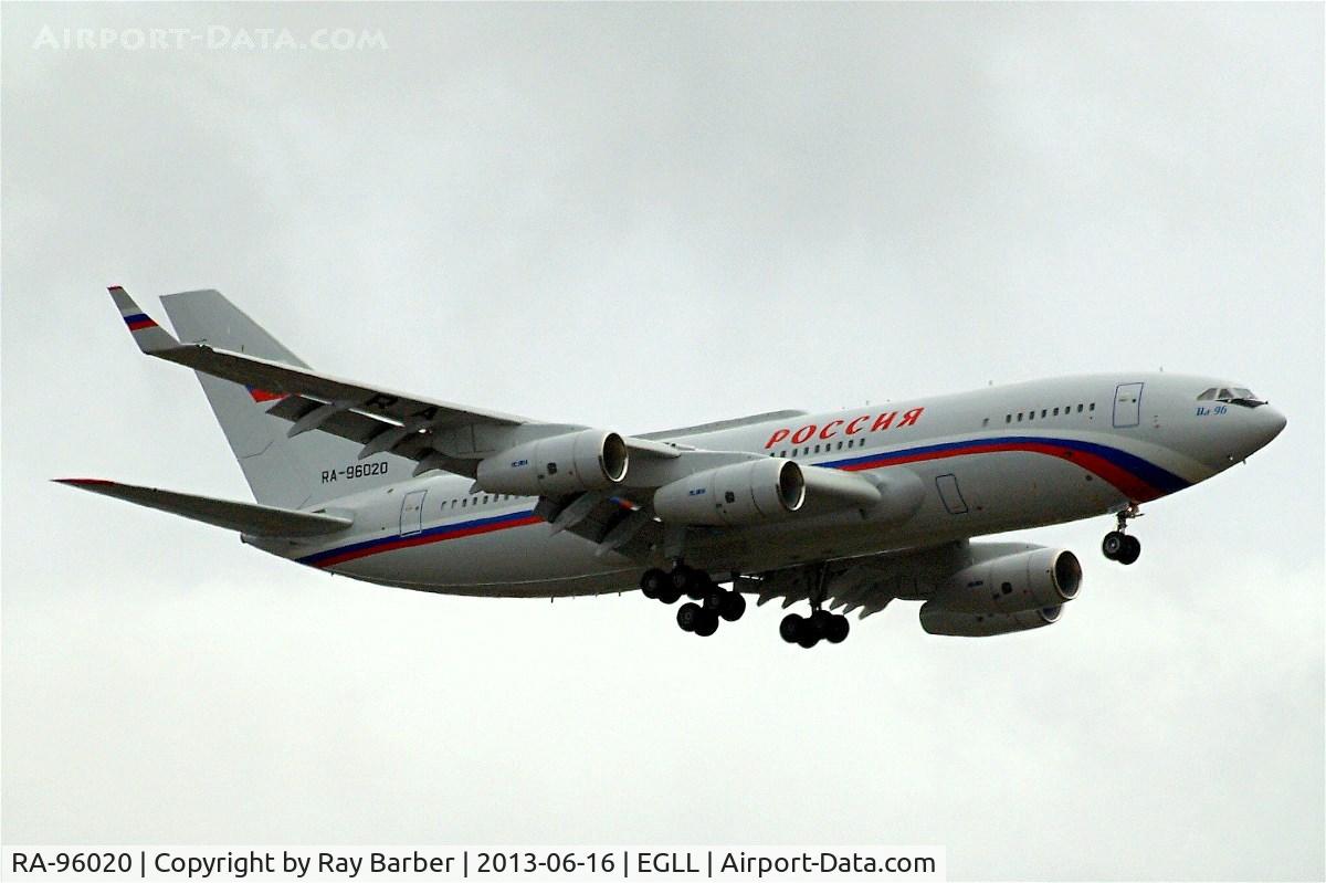 RA-96020, 2012 Ilyushin Il-96-300 C/N 74393202020, Ilyushin IL-96-300PU(M1) [74393202020} (Rossiya Special Flight Detachment) Home~G 16/06/2013. Bringing in President Putin's entourage vehicles etc on a dull cloudy day . On approach 27L.