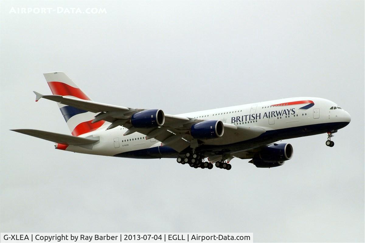 G-XLEA, 2012 Airbus A380-841 C/N 095, Airbus A380-841 [095] (British Airways) Home~G 04/07/2013. Delivery flight first of type for British airways on approach 27L.