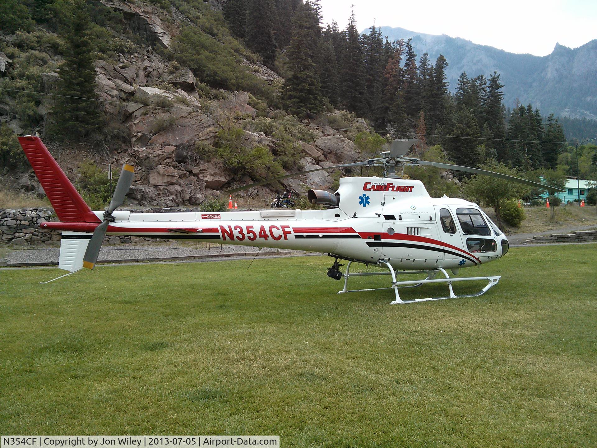 N354CF, 2008 Aerospatiale AS-350B-3 Ecureuil C/N 4526, Medical helicopter on field in Ouray, CO.
