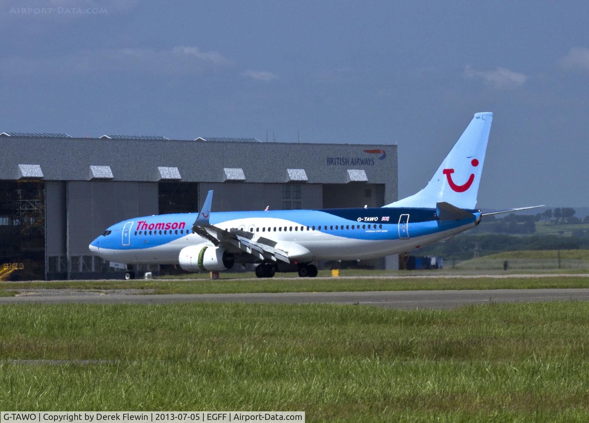 G-TAWO, 2013 Boeing 737-8K5 C/N 37255, Arriving from Zakynthos at 1354, callsign Thompson 31A, showing open reverse thruster doors.
Thanks to S.W.A.G.
