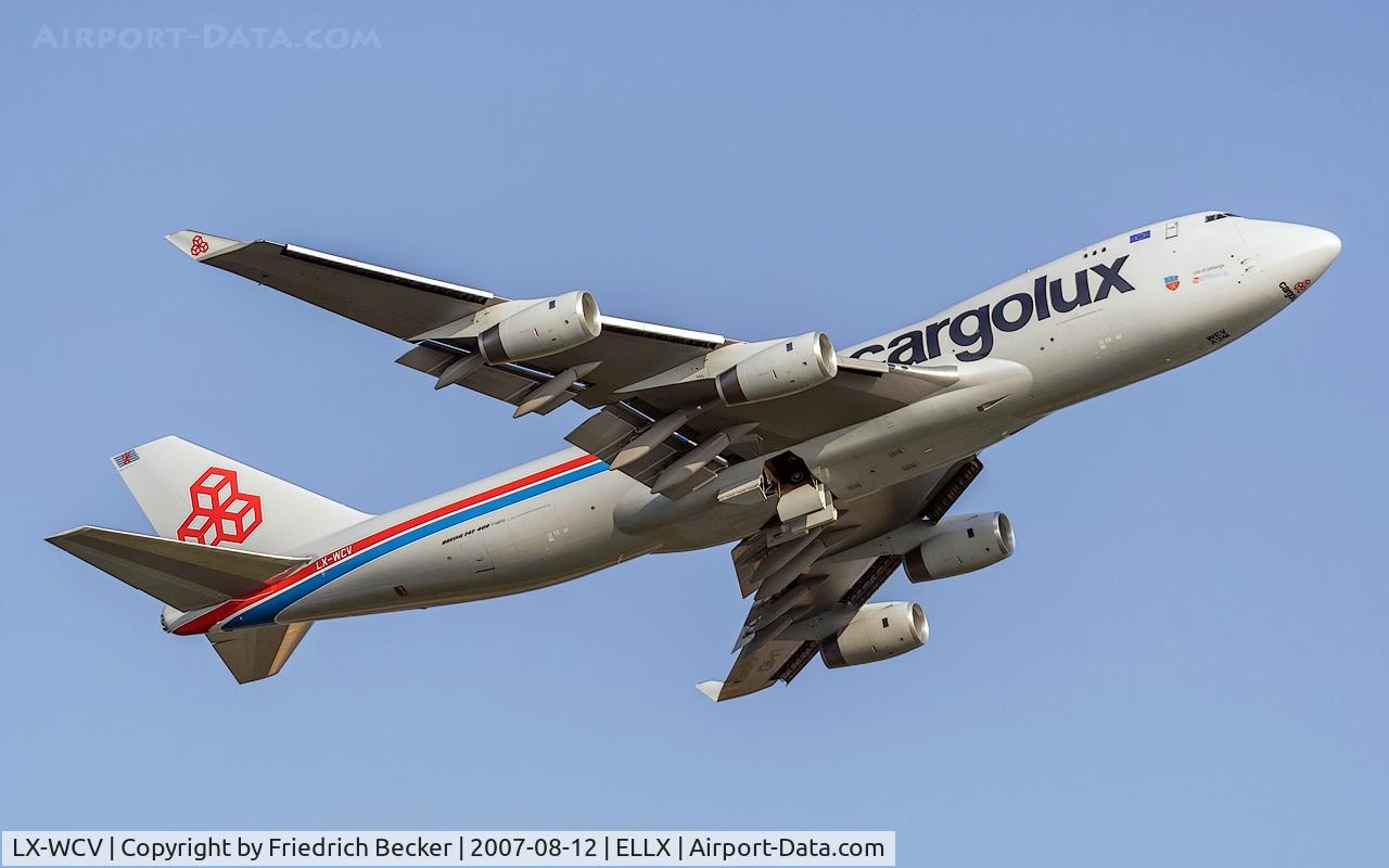 LX-WCV, 2007 Boeing 747-4R7F C/N 35804, departure from Lux via RW06