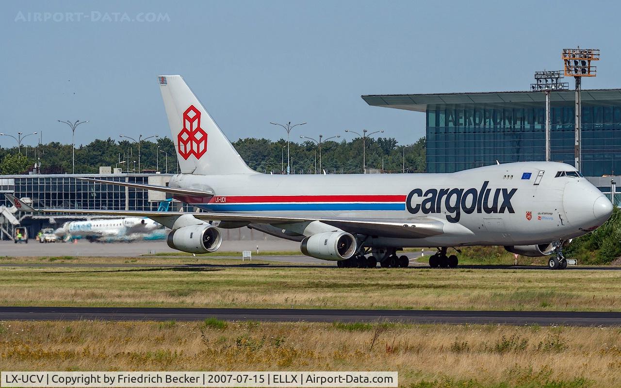 LX-UCV, 2004 Boeing 747-4R7F/SCD C/N 33827, taxying to the cargo center
