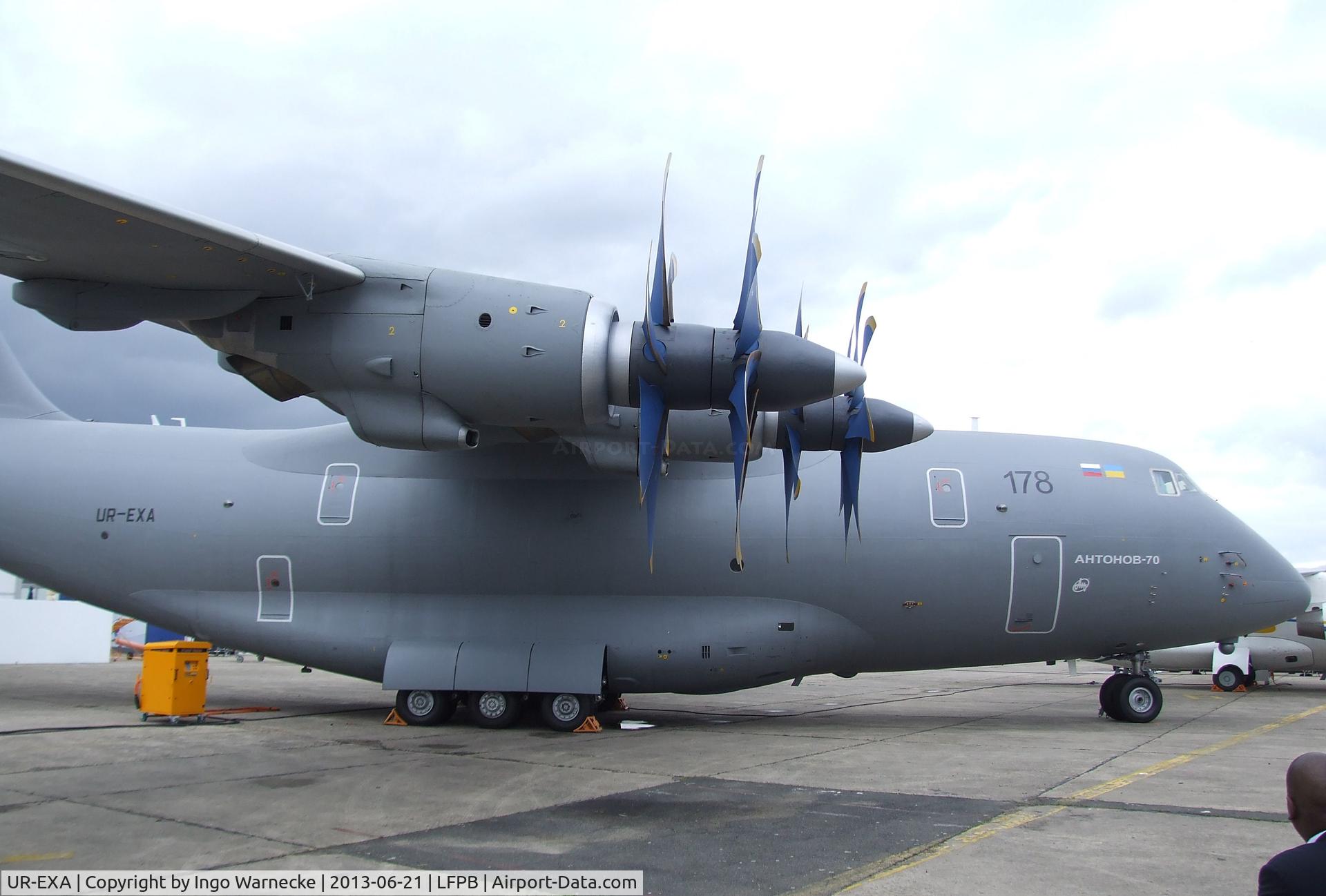 UR-EXA, Antonov An-70 C/N 770102, Antonov An-70 (with upgraded avionics and propellers, repainted and reregistered) at the Aerosalon 2013, Paris