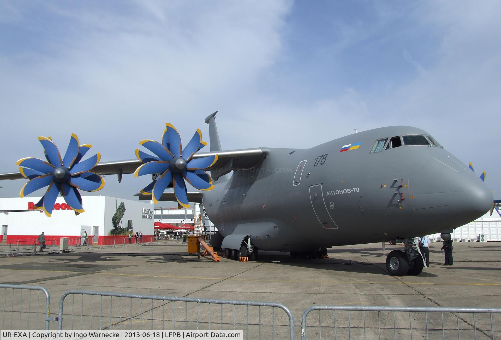 UR-EXA, Antonov An-70 C/N 770102, Antonov An-70 (with upgraded avionics and propellers, repainted and reregistered) at the Aerosalon 2013, Paris