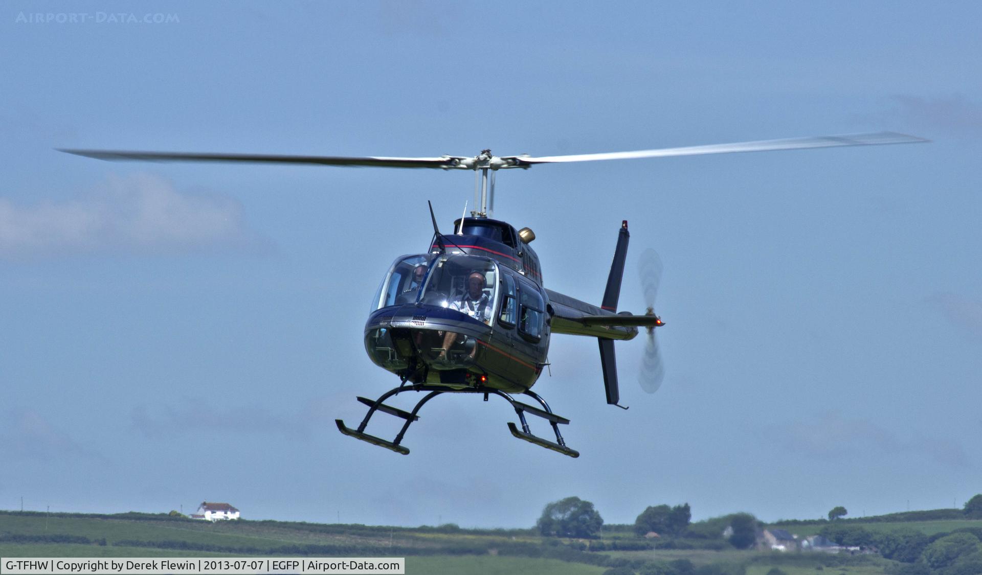 G-TFHW, 1980 Bell 206B JetRanger III C/N 3179, Bell 206B based at Haverfordwest Airport doing pleasure trips from Pembrey, on approach Runway 22.