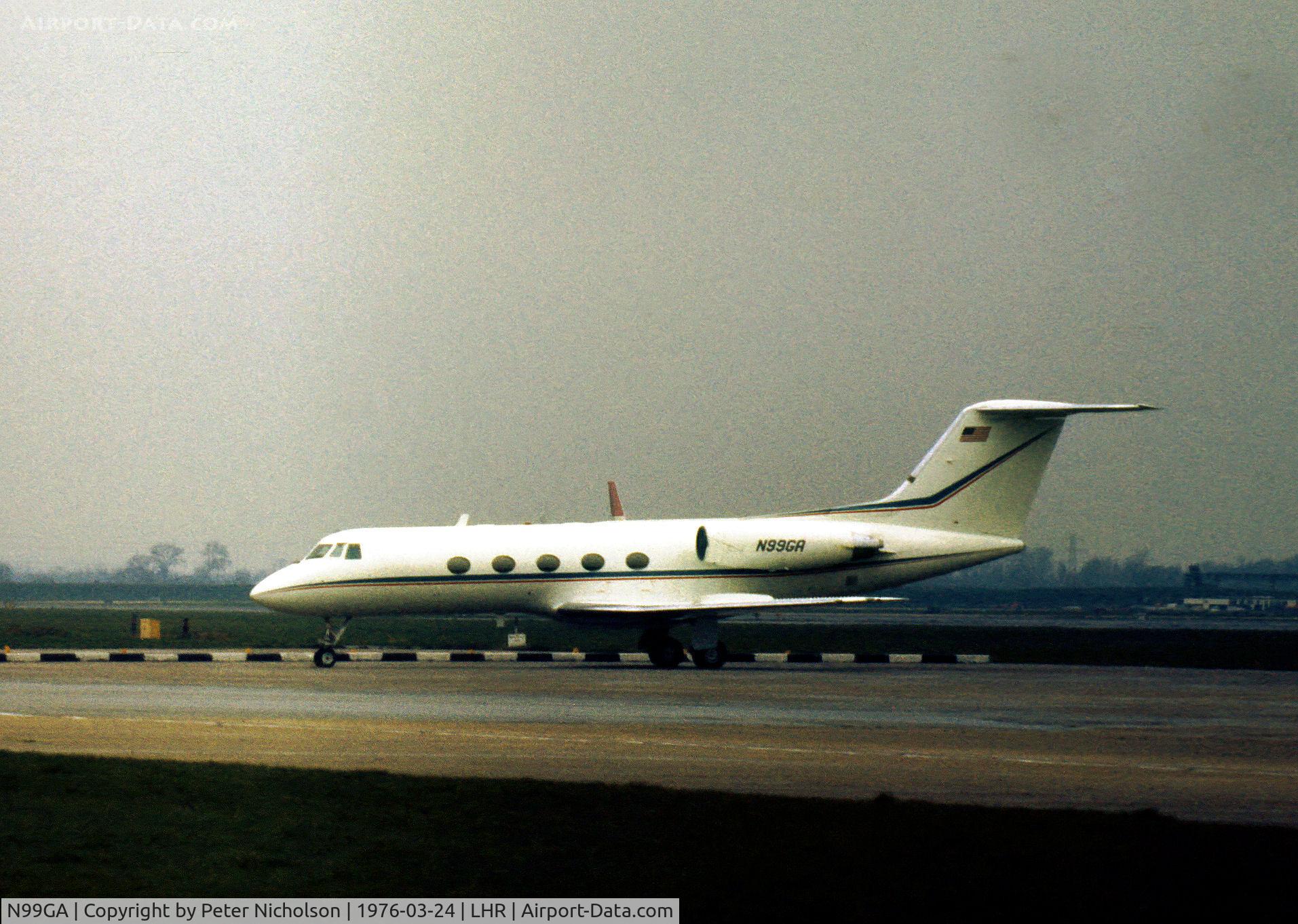 N99GA, 1971 Grumman G-1159 Gulfstream II C/N 99, Gulfstream II of the Greyhound Armour & Company as seen at Heathrow in the Spring of 1976.