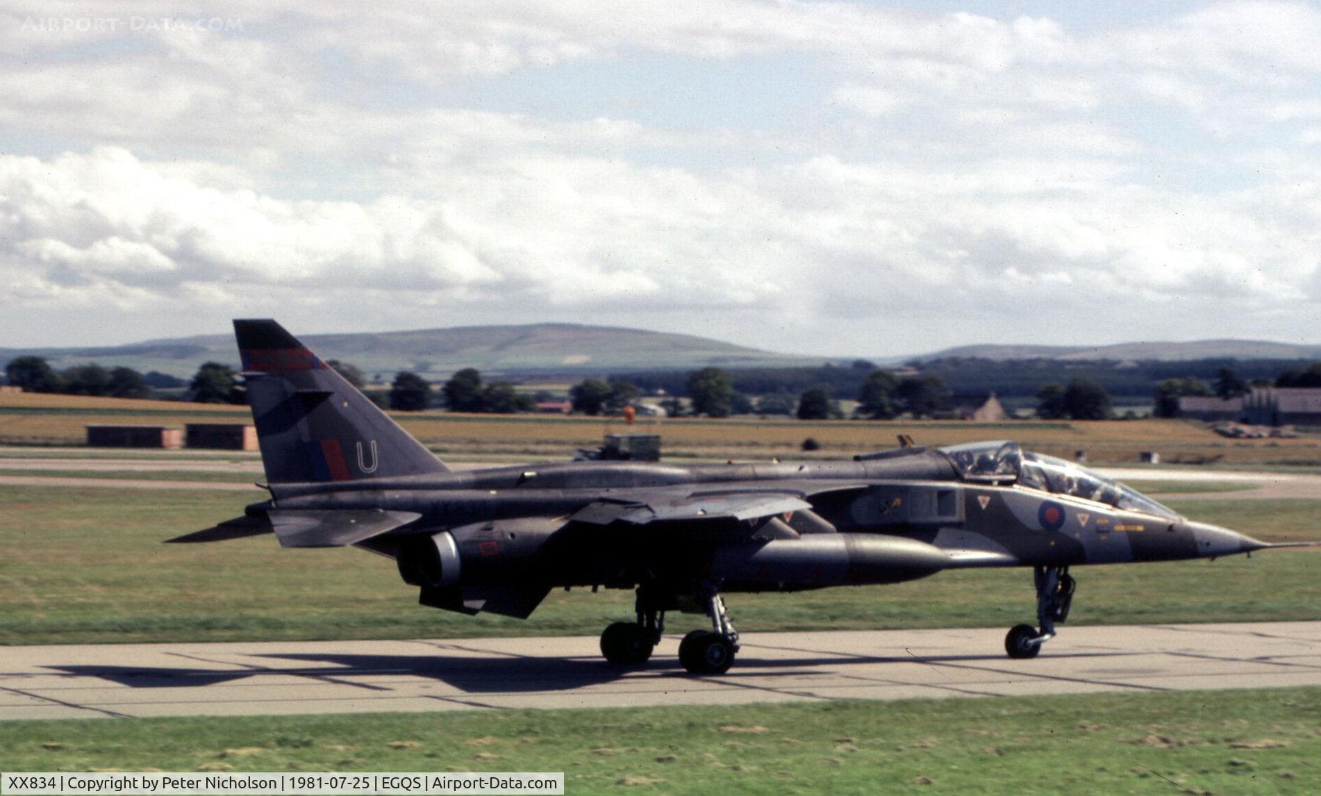 XX834, 1975 Sepecat Jaguar T.2 C/N B.22, Jaguar T.2 of 226 Operational Conversion Unit taxying to Runway 05 at RAF Lossiemouth in the Summer of 1981.