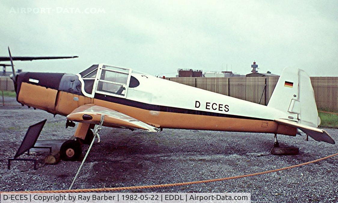 D-ECES, 1945 Bucker Bu-181 Bestmann C/N 25082, Bucker Bu.181D Bestmann [25082] (Air Classic) Dusseldorf~D 22/05/1982. Image taken from a slide.