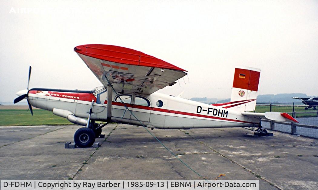 D-FDHM, 1969 Pilatus PC-6/C1-H2 Turbo Porter C/N 688, Pilatus PC-6/C1-H2 Turbo Porter [688] Namur-Temploux-Suarlee~OO 13/09/1985. Image taken from a slide. Written off at Bremgarten 2000-06-13 was reserved as D-FACT for rebuild but later cancelled.