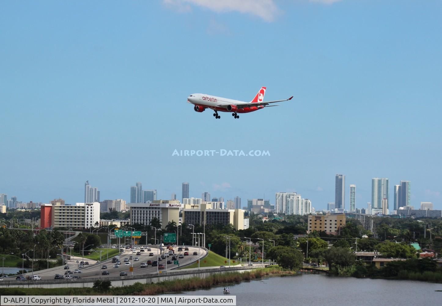 D-ALPJ, 2008 Airbus A330-223 C/N 0911, Air Berlin landing over Dolphin Expressway with Downtown Miami in the distance