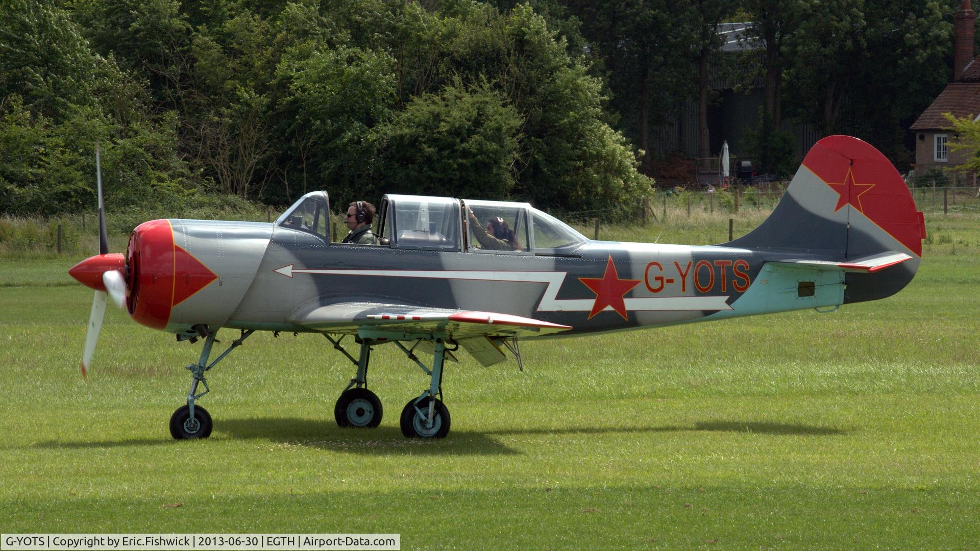 G-YOTS, 1990 Bacau Yak-52 C/N 9010308, 1. G-YOTS arriving at the Shuttleworth Military Pagent Flying Day, 30 June 2013