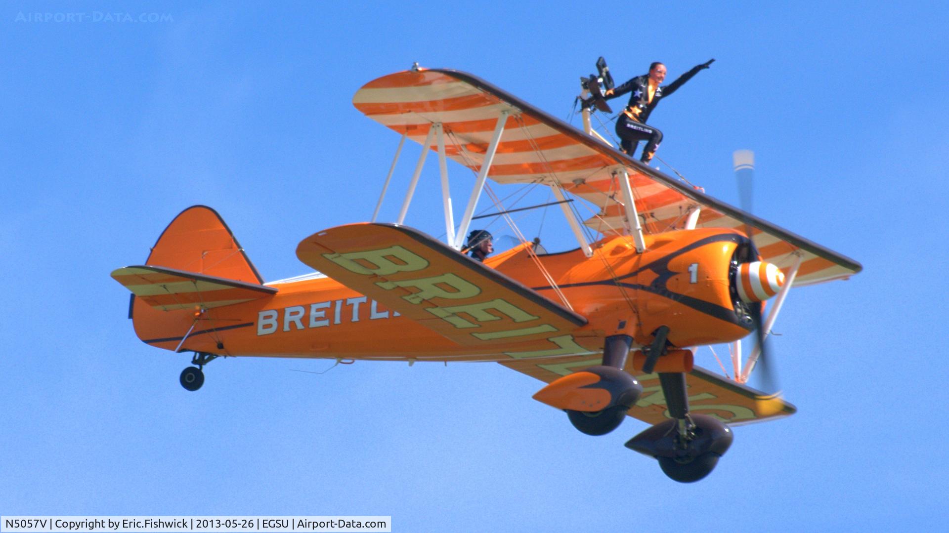 N5057V, 1942 Boeing A75N1(PT17) C/N 75-5598, 44. N5057V with wingwalker at the IWM Spring Airshow, May 2013.