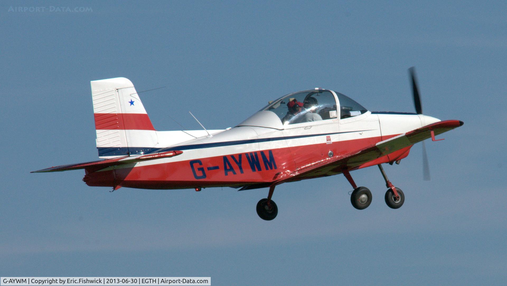 G-AYWM, 1971 AESL Glos-Airtourer Super 150/T6 C/N A534, 42. G-AYWM departing the Shuttleworth Military Pagent Flying Day, 30 June 2013.