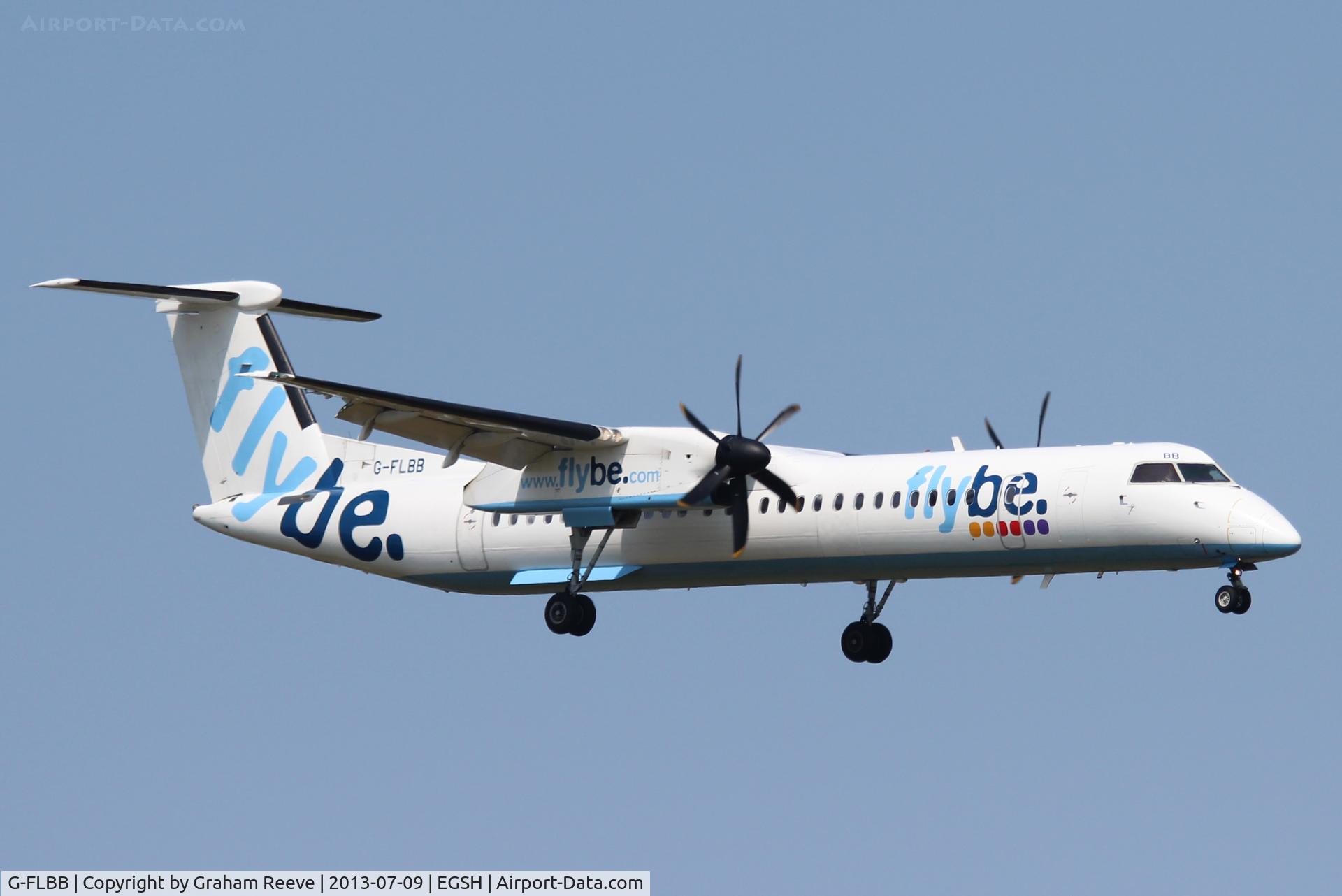 G-FLBB, 2009 De Havilland Canada DHC-8-402Q Dash 8 C/N 4255, About to land at Norwich.