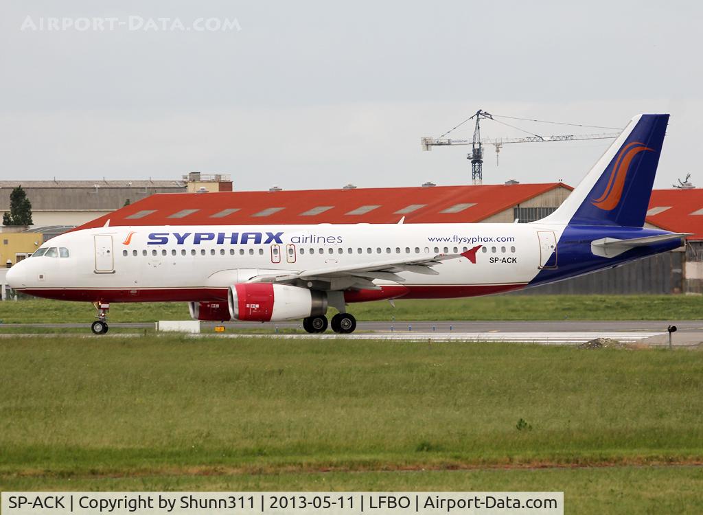 SP-ACK, 2005 Airbus A320-232 C/N 2645, Lining up rwy 32R in dual Bingo Airways / Syphax Airlines c/s
