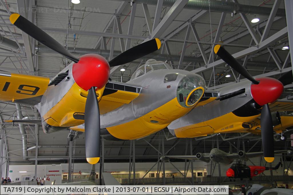 TA719, De Havilland DH-98 Mosquito TT.35 C/N Not found TA719, De Havilland DH-98 Mosquito TT35. Suspended from the roof in AirSpace, Imperial War Museum Duxford, July 2013.