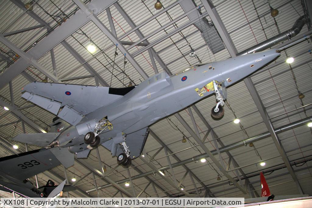 XX108, 1971 Sepecat Jaguar GR.1 C/N S.1, Sepecat Jaguar GR.1. Suspended from the roof in AirSpace, Imperial War Museum Duxford, July 2013.