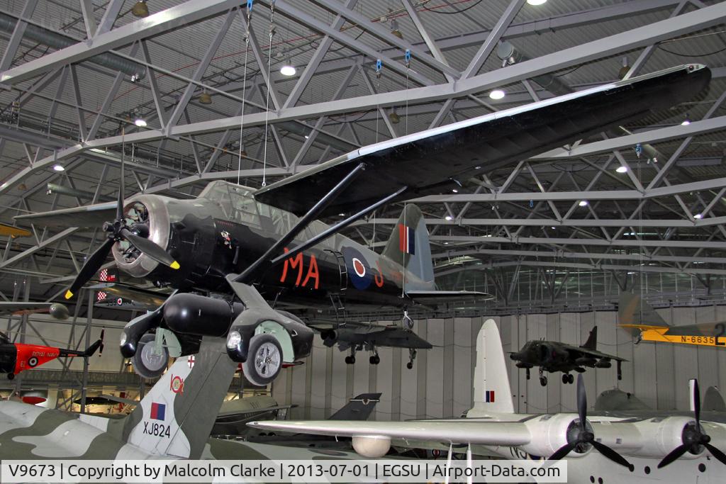 V9673, 1940 Westland Lysander IIIA C/N 504/39, Westland Lysander Mk3A.   Suspended from the roof in AirSpace, Imperial War Museum Duxford, July 2013.