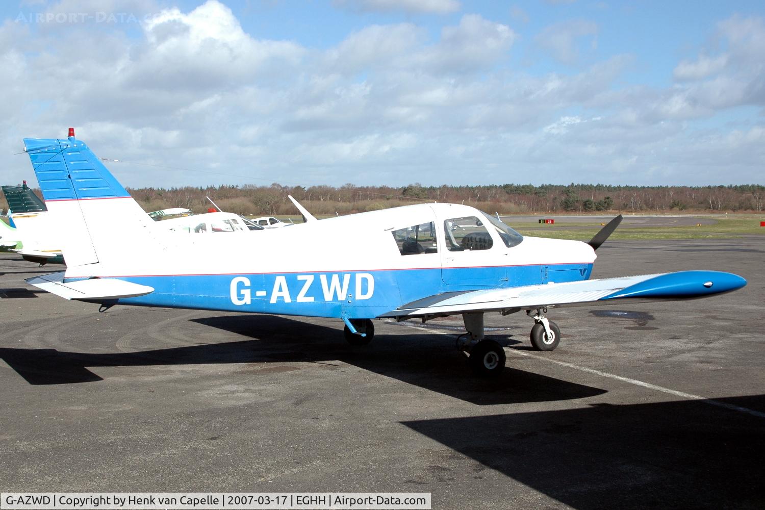 G-AZWD, 1972 Piper PA-28-140 Cherokee C/N 28-7225298, Piper PA-28-240 parked at Bournemouth-Hurn airport, UK.
